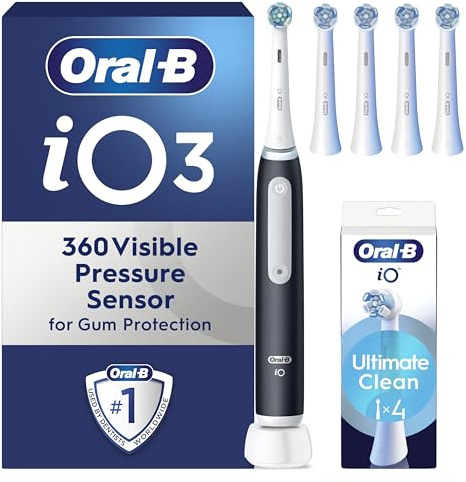 Oral-B iO3 Electric Toothbrushes Adults, 5 Toothbrush Heads, 3 Modes with Teeth Whitening, 2 Pin Plug, Black