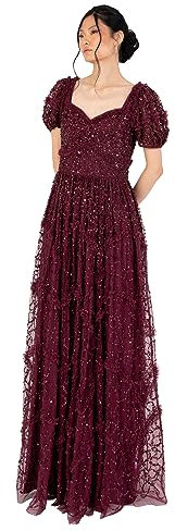 Dam maxiklänning dam Embellished Frilly sweetheart Neckline kortärmad för bröllop gäst bridesmaid bal boll gown, vine, 36, vin, 36