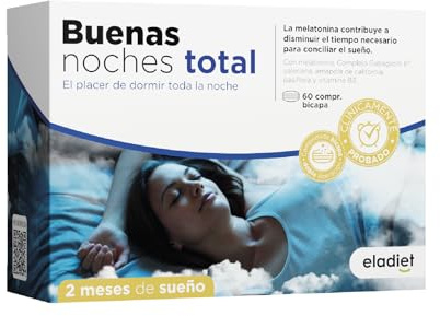 BUENAS NOCHES TOTAL - ESTUDIO CLINICO Doble Acción - Dormir Bien Rápidamente y Sueño Prolongado, Insomnio - Con Melatonina, Valeriana Forte, Pasiflora, Vitamina B3 y B6 | 60 Comprimidos BiCapa ELADIET