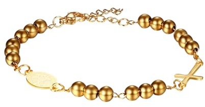 Flongo Rosenkranz Armband gold mit Kreuz Anhänger Benedikt Medaille Edelstahl Christlich Auto Arm Kette Perlen Rosary Bracelet Geschenk für Damen Herren