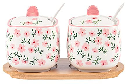Dispensador azucarero,bote condimento, Azucarero de cerámica con tapa y cuchara, salero de granja, caja de condimentos, caja de especias de cerámica con cuchara y base, color rosa 1 ( Color : Pink 2 W