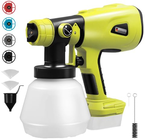MaxEarn Akku Farbsprühsystem für Ryobi 18V, mit 4 Düsen + 3 Spritzmuster | 1L Tankfür Farbsprühpistole, Tragbares Lackierpistole Elektro Farbspritzpistole für Zuhause, Gartenzaun, Wänden (ohne Akku)