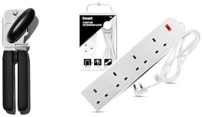 OXO Good Grips Soft Handled Tin Opener & Heavy Duty Extension Lead UK Pin Plug and Cable, 4 Gang Way 2m Power Adapter