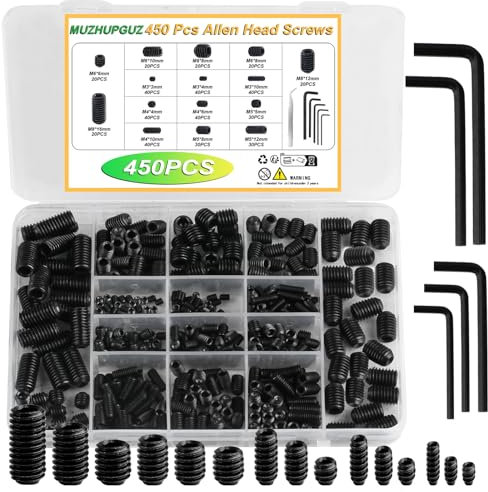 450 Pcs Set Screw Assortment Kit, Allen Head Hex Socket Grub Head Screw Set, Black Hex Drive Cup-Point Grub Screws Set with Internal Hex Drive, with Hex Wrenches, M3/M4/M5/M6/M8