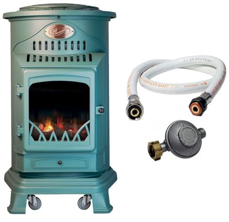 UNIVERSAL - Poêle à gaz Provence 3,4 KW Vert Effet poêle à bois Fonte véritable Chauffage d'appoint + Tuyau gaz et détendeur gaz