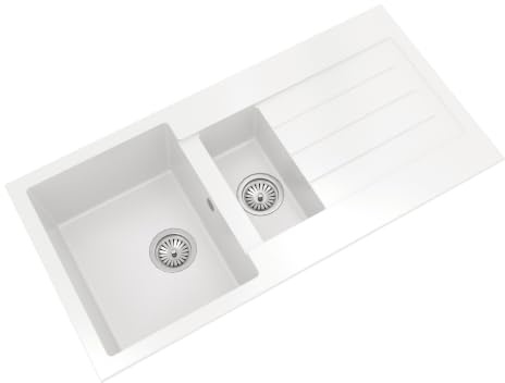 Balterley Composite Kitchen Sink with Drainer & Overflow Hole, 100cm Bowl Inset White Kitchen Sink, 1.5 Double Bowl Reversible Sinks with Grooved Drainer - 1000 x 500 x 200mm (White)
