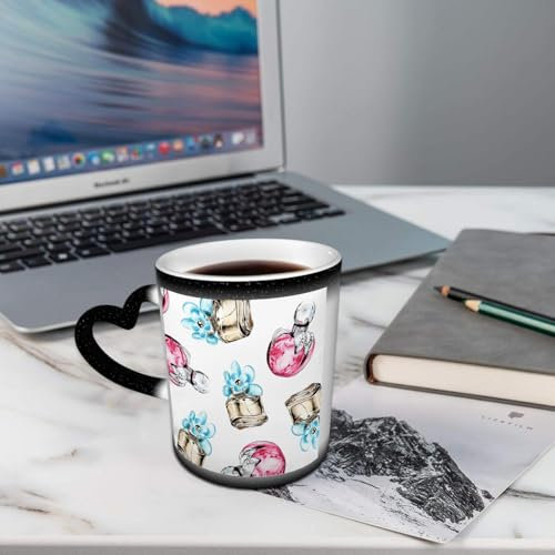 AELKSP Kaffeetassen – Farbwechseltasse, Magic Mug,Thermobeschichtung, 335ml, Keramik - Geschenkidee Männer, Frauen,Rosa Parfümflasche aus Glas mit Blütenblättern, Duft roter Apfel, gelbes Glas mit gro