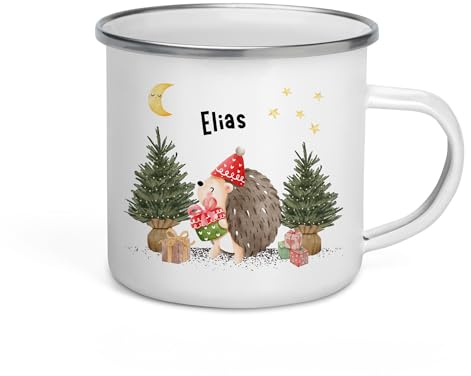 Little Mathilda Personalisierte Weihnachtstasse Kinder Becher mit Namen Weihnachtsgeschenke Emaille Tasse - Weihnachten Deko - Tasse personalisiert für Kinder (Igel)
