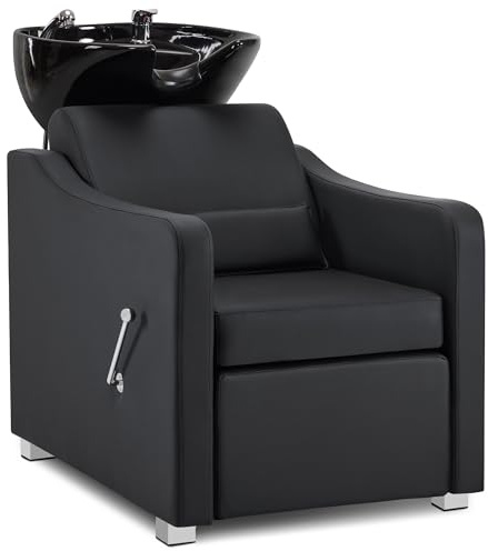 BarberPub Sillón de peluquería con Lavabo, reposapiernas Plegable, Lavabo de cerámica, Ajustable, sillón de peluquería para salón SPA 8675 (Negro)