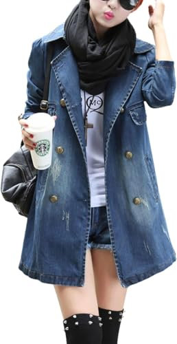 Giacca in Denim a Maniche Lunghe con Risvolto Doppiopetto da Donna Giacca in Denim Slim Casual alla Moda Giacca Leggera e Ampia Elegante per l'esterno (Blu,XXL)