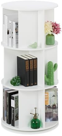 Relaxdays Bücherregal drehbar, 15 Fächer, HxD: 104x50 cm, 3 Etagen, Drehregal für Bücher & DVDs, Bücherturm, MDF, weiß