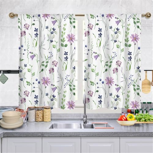 Highdi 2 Piezas Cortinas Cortas Cocina con Bolsillo Media Cortina Pequeña Ventana Dormitorio Translucidas Rustica Bistro para Dormitorio Café Baño (Margaritas moradas,70 * 100cm)