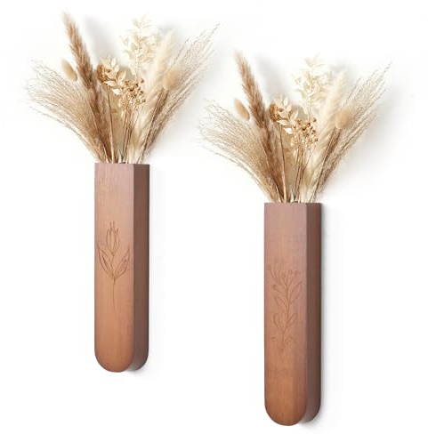 Wood Wall Vase Set of 2, 11.6 x 2.52 x 1.37 inch for Dried Flowers and Faux Greenery Plants for Bathroom,Kitchen,Farmhouse,Dining Room Wall Decor （Brown