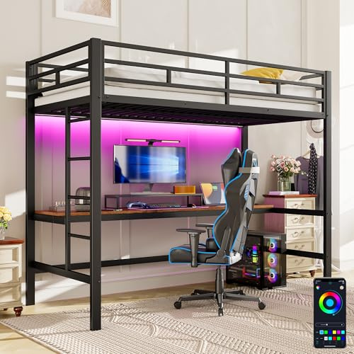 Zepneiy Lit Mezzanine 1 Place, lit Mezzanine avec Bureau avec Bande Lumineuse Wire Control et Prise USB, Lit Enfant 90x200 avec Balustrade et escabeau, Noir (sans Matelas)