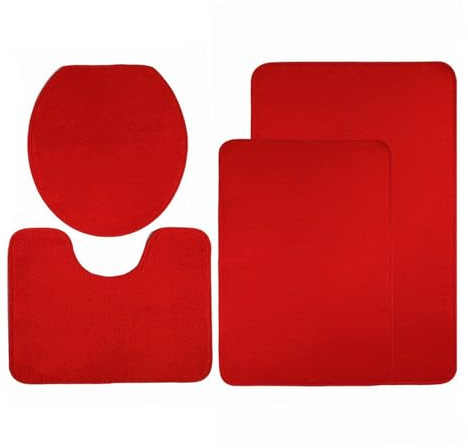 Heavyoff Badezimmerteppich Set 4 Teilig, Weiche Mikrofaser Badezimmermatte und WC Vorleger, rutschfeste Badematte, Waschbar Badvorleger Set für Dusche, Rot