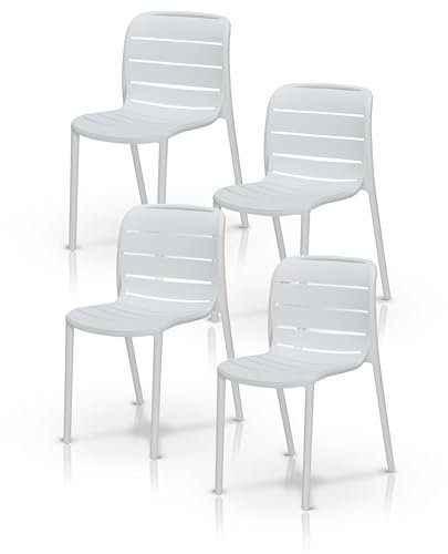 KHG Gartenstuhl 4er Set Weiß, Bistrostuhl ohne Armlehnen aus Polypropylen, stapelbar, Outdoor, 110 kg belastbar, 43x80x56 cm