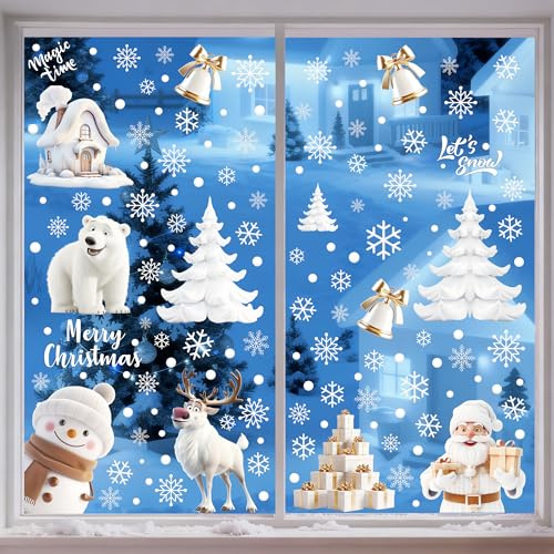 Moxled fönsterbilder jul självhäftande, 156 vita fönsterdekorationer jul, återanvändbar statiskt självhäftande PVC klistermärken för fönster dörr vinter snöflingor juldekoration