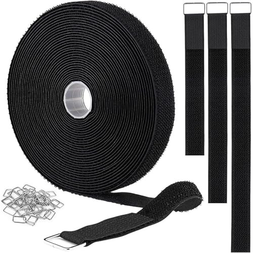 10m Adjustable Cable Straps with 50 Buckles, Black Hook and Loop Cinch Straps, Reusable Fastening Cable Ties for Cable Tidy, Wire Management, Cord Organiser