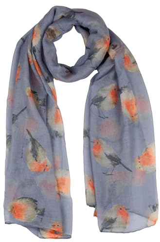 QCYFJZFU Chiffon Robin Scarf Grey, Watercolour Robin Bird Printed Wraps Shawl Christmas Scarf for Ladies Women