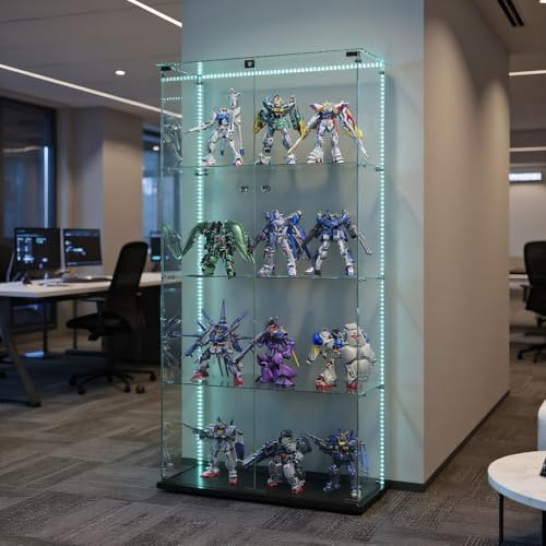TIMORWTF Glasvitrine mit LED-Lichtstreifen, moderner Schrank mit 4 Regalen und 2 Türen, wandmontiert für Sammlung, Schlafzimmer, Wohnzimmer und Esszimmer, 163x78,5x35cm, Schwarz