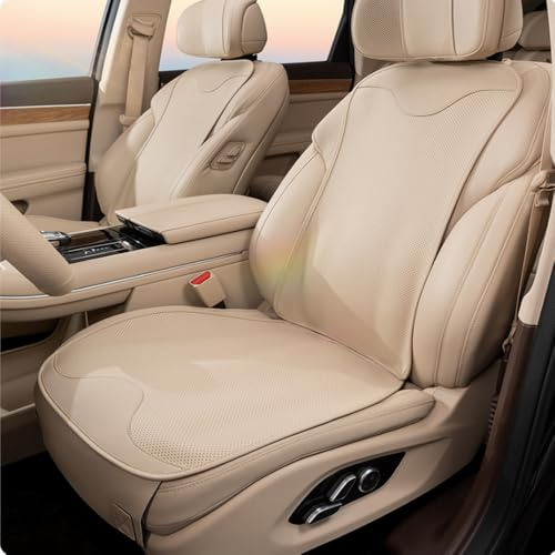 KLKCar Custom Seat Covers for Cars, Trucks & SUVs - Breathable All-Weather Nappa Leather, Non-Slip Luxury Cushion | Universal Fit for 99% Vehicles (Napa Leather-Beige)
