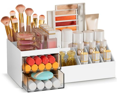 Subsky Organisateur Maquillage avec Tiroirs Rangement Cosmétique, Organisateur de Soins, Boîte de Rangement Multifonction pour Bureau, Coiffeuse, Chambre et Salle de Bain, Blanc