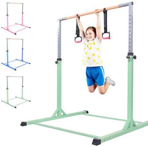 Generisch Kinder Turnreck 13-Fach Höhenverstellbar (98-159 cm) – Gymnastikstange Aus Stahl Mit Holzgriff, Belastbar 200 kg, Stabile Dreieckstruktur, Anti-Rutsch Schutz Für Indoor & Outdoor（Grün）