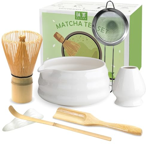 JBER Matcha-set, Matcha-teset 7 delar – matcha kvast och kvasthållare, matcha skål av keramik, sil, matcha sked och hållare, japansk matchaset för matcha-älskare (pipvit)