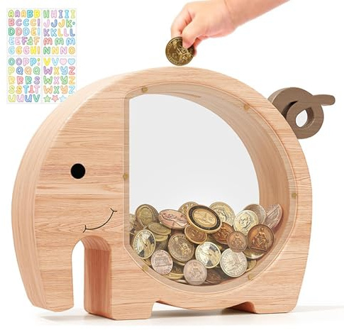LdawyDE Spardose Kinder, Sparschwein Holz mit Elefanten Design | Sparbüchse Personalisiert für Junge Mädchen, Sparkasse mit Sichtfenster, Unzerbrechlich, Ohne Montage, für Deko und Geschenk