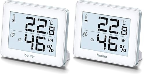 Beurer HM 16 Thermo-Hygrometer, Raumklimakontrolle mittels Temperaturanzeige und Luftfeuchtigkeit, Smiley-Anzeige, Silber, 99 x 81 x 11 mm | 2er Pack