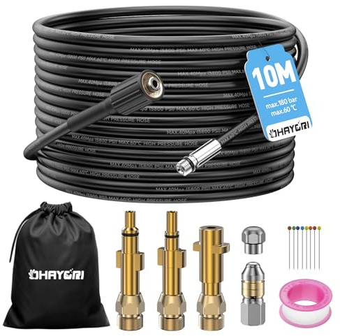10M Tuyau Déboucheur Canalisation Haute Pression pour Kärcher, Lavor, Bosch | 180Bar Kit Furet Professionnel, 3 Adaptateurs Cuivre Robustes pour Karcher K2-K7 HD HDS/Parkside, 2 Buses: Rigides/Rotatives