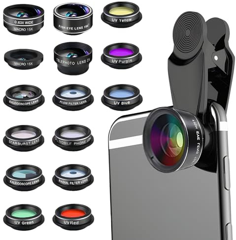 15-in-1 Handy Kamera Objektiv Set, 198° Fisheye, Weitwinkel & 15x Makro, Starlight- und Kaleidoskop-Objektiv mit CPL Filter, Smartphone Linsen kompatibel mit iPhone und den meisten Handys