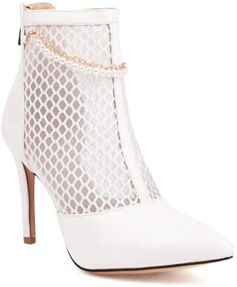 Genérico Botines Mujer Blancos De Malla Y Charol, Tacón De Aguja, Punta Fina, Zapatos De Novia con Cadena De Perlas,Beige,41 EU