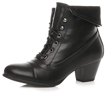 AJVANI Womens ladies mid heel lace up vintage fur cuff winter pixie ankle boots size