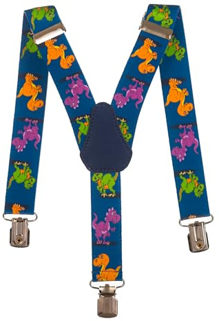 Olata Bretelle per Bambini a Forma di Y, Elastiche, Motivo con Dinosauri (1-5 Anni), 2,5 cm. Blu Scuro