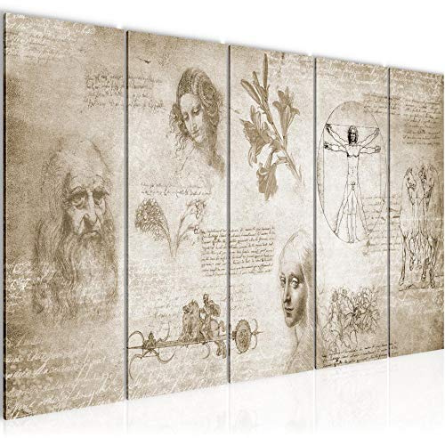 Runa Art Wandbild XXL Leonardo Da Vinci Wohnzimmer Schlafzimmer 200 x 80 cm Biege 5 Teilig - Made in Germany - 700455a