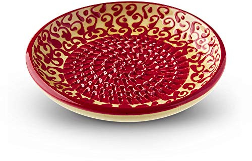 Garlic Grater Plate. (#Ref 13). Handmade and Hand Painted in Cordoba, Spain. Yellow Plate with Red Circle and Rim, Red Moroccan Pattern.
