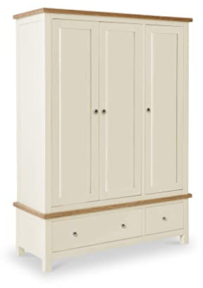 RoselandFurniture Farro Cream 3 Door Triple Wardrobe for Bedroom | Large Wooden Hanging Rail Storage with 2 Drawers, Painted Finish, Contemporary Country Style, H183cm W130cm D52cm