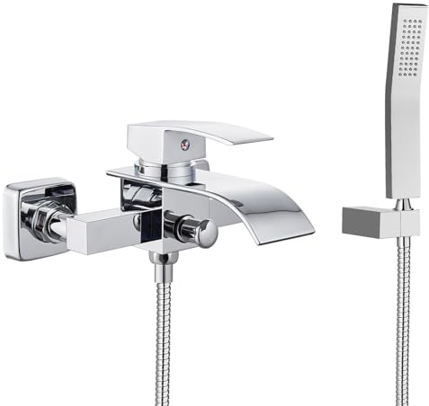 Midanya Wall Mount Bathtub Faucet with Handheld Spray Waterfall Tub Filler Single Handle Bathroom Tub Mixer Tap Hand-Shower System with Curved Spout Commercial,Polish Chrome