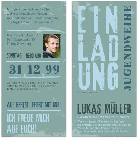 Kartenmachen.de Personalisierte Jugendweihe Einladungskarten Einladungen mit Abriss individuell mit Text und Foto - Graffiti-Tag