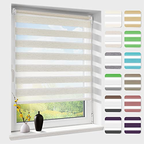 Doppelrollo klemmfix ohne Bohren, Duo Rollos für Fenster & Tür mit Bohren, Version 2025 Natur B75 x H130cm (Stoffbreite 71cm), Fensterrollo lichtdurchlässig & verdunkelnd, Klemmrollo Sonnenschutz