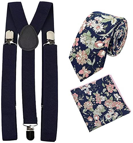 Herren Hosenträger-Set mit Fliege und Einstecktuch aus Baumwolle und Blumenmuster, Marineblau