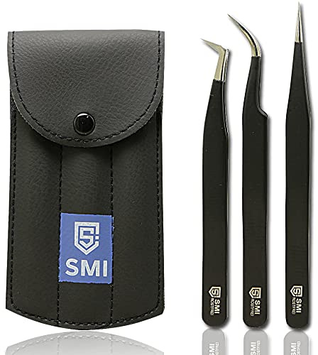 SMI 3-teiliges Wimpernpinzette Set, Gebogen & Gerade, Spitz für Wimpernverlängerung, 3D & 6D Volumen, Wimpern Pinzette Edelstahl, Schwarz, inkl. Etui