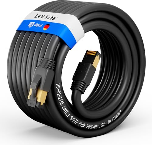 HB-DIGITAL 25m Câble RJ45 CAT 8 Cordon de brassage - Certifié GHMT - Cable Réseau Blindé AWG 24 S/FTP LSZH 40Gbps 2000MHz cuivre pur avec connecteurs dorés pour Switch PC TV Console de Jeux - Noir