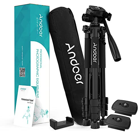 Andoer TTT-663N 57,5 Pouces Voyage Léger Appareil Photo Trépied Support Trépied De Téléphone pour DSLR SLR Caméscope Photographie Prise De Vue Vidéo avec Sac De Transport Pince De Téléphone 2pcs