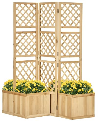 Outsunny Upphöjd säng med vikbar spaljé, planteringslåda med insynsskydd, rumsavdelare med 4 blomlådor, rumsseparator för balkong, gran, natur, 133 l x 62 B x 165 cm