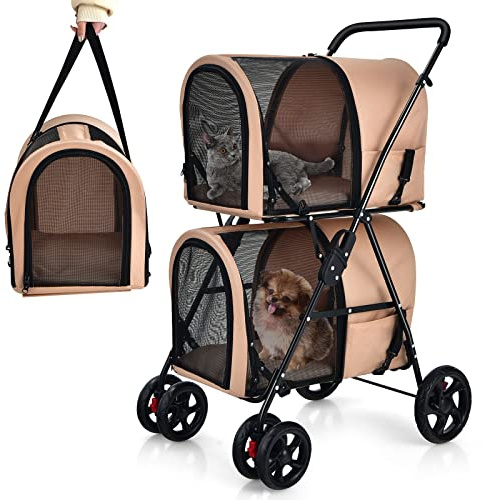 GYMAX 2 Etagen Hundebuggy, Katzenwagen für 2 Katzen/Hunde, Hundewagen mit 2 abnehmbaren Hundebox, Netzgewebe & 360° Drehrädern, faltbar Haustierwagen bis 16kg (Beige)