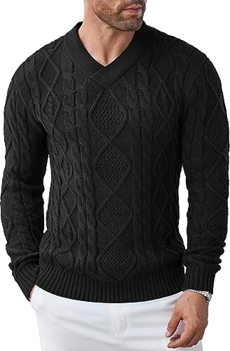 COOFANDY Pull pour Homme Col en V Slim Manches Longues Pull d'hiver en Tricot torsadé Noir M