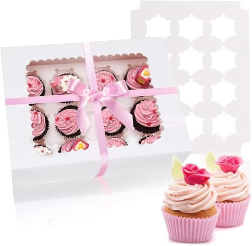 Sivaopa 12 Pcs Cupcake Boxes Cake Box Cases Hold 12 Standard Cupcakes, Food Grade Cupcake Holders Bakery Carrier Boxes with Windows and Inserts for Cupcakes, Muffins and Pastries