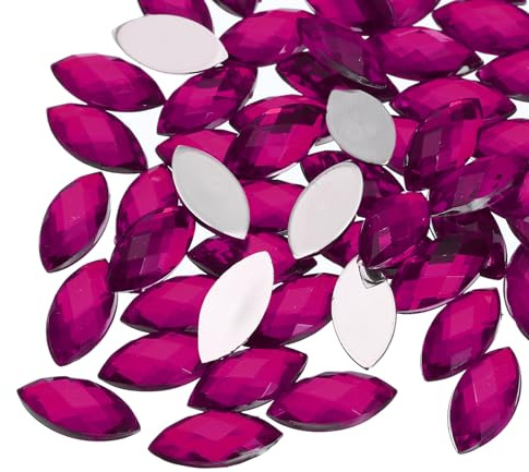 QUARKZMAN 100 Pezzi Pietre Preziose in Acrilico Retro Piatto 7mm x 15mm Forma Occhio Cavallo, Gemma Artificiale Artigianato, Pittura Viso, Creazione Gioielli Finti, Colore Rosso Rosa